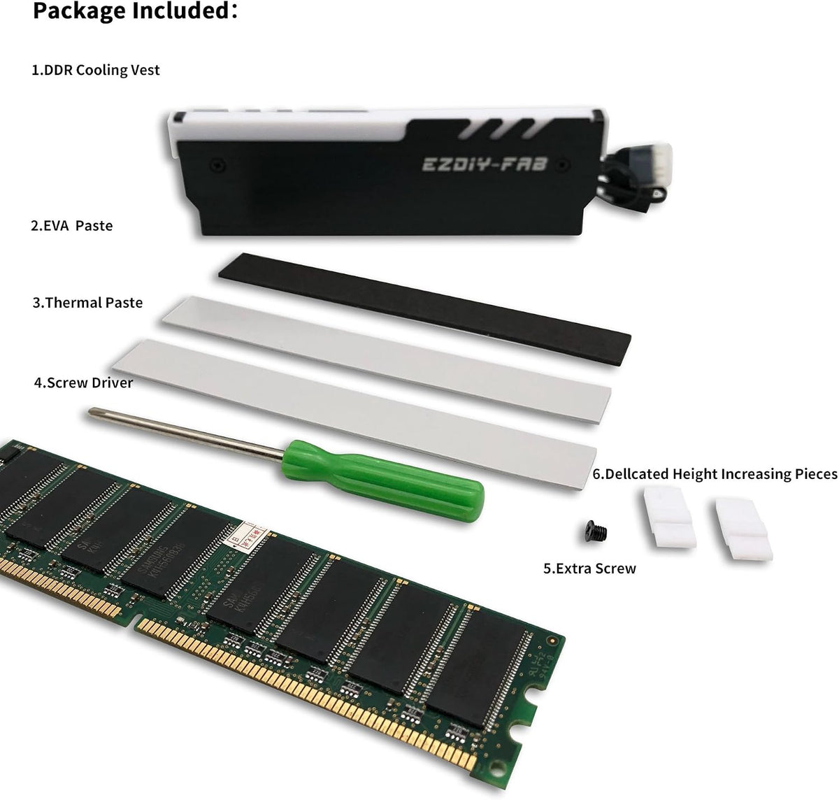 EZDIY-FAB ARGB RAM cooling kit packaging and accessories layout
