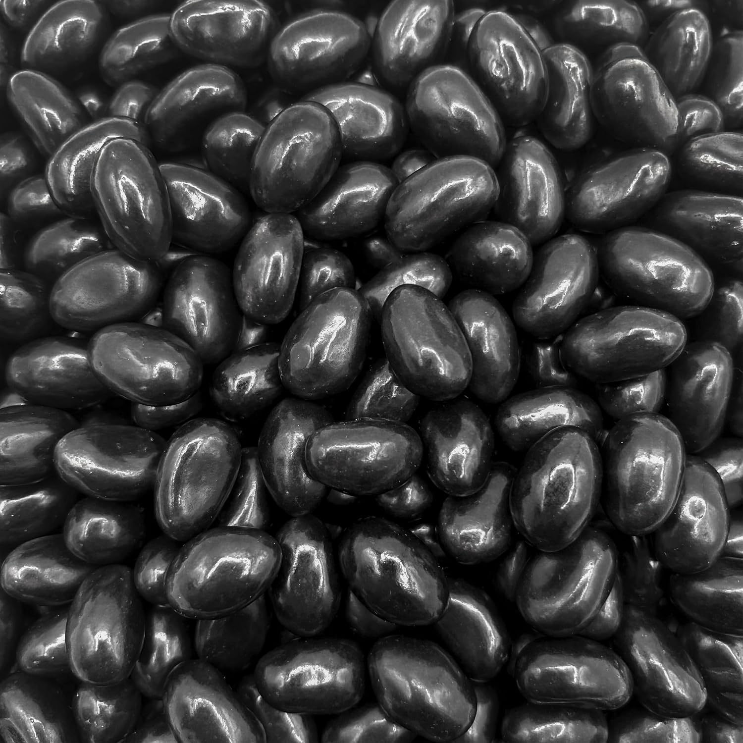 NERMULL black licorice jelly beans front view showing the bulk bag.
