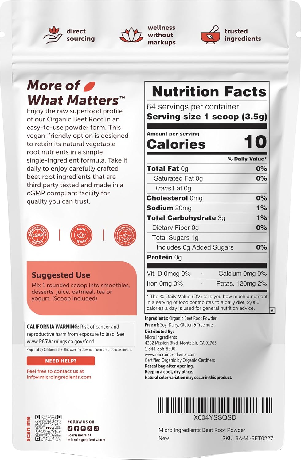 Micro Ingredients organic beet root powder back panel ingredient details