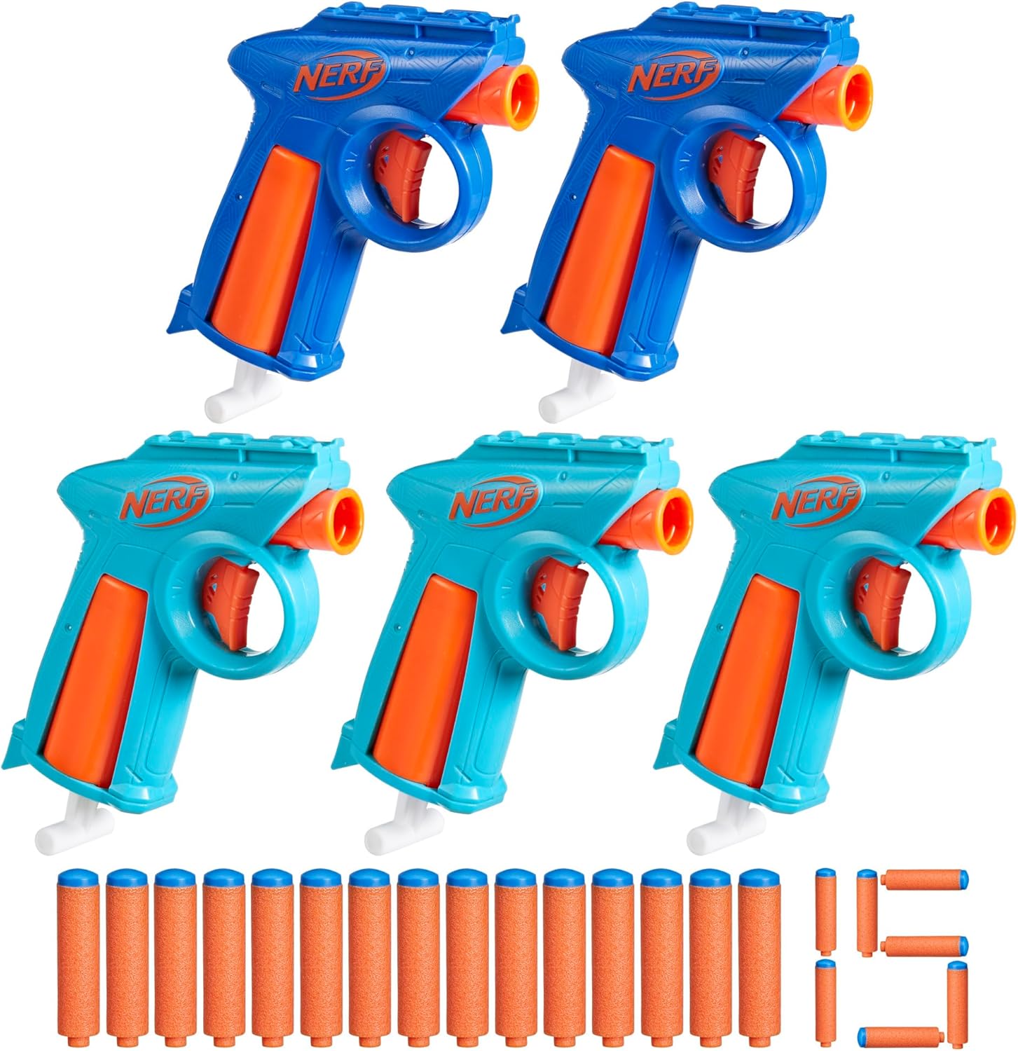 Hasbro Nerf N Series Flex Party Pack front view showing five blue blasters and fifteen darts