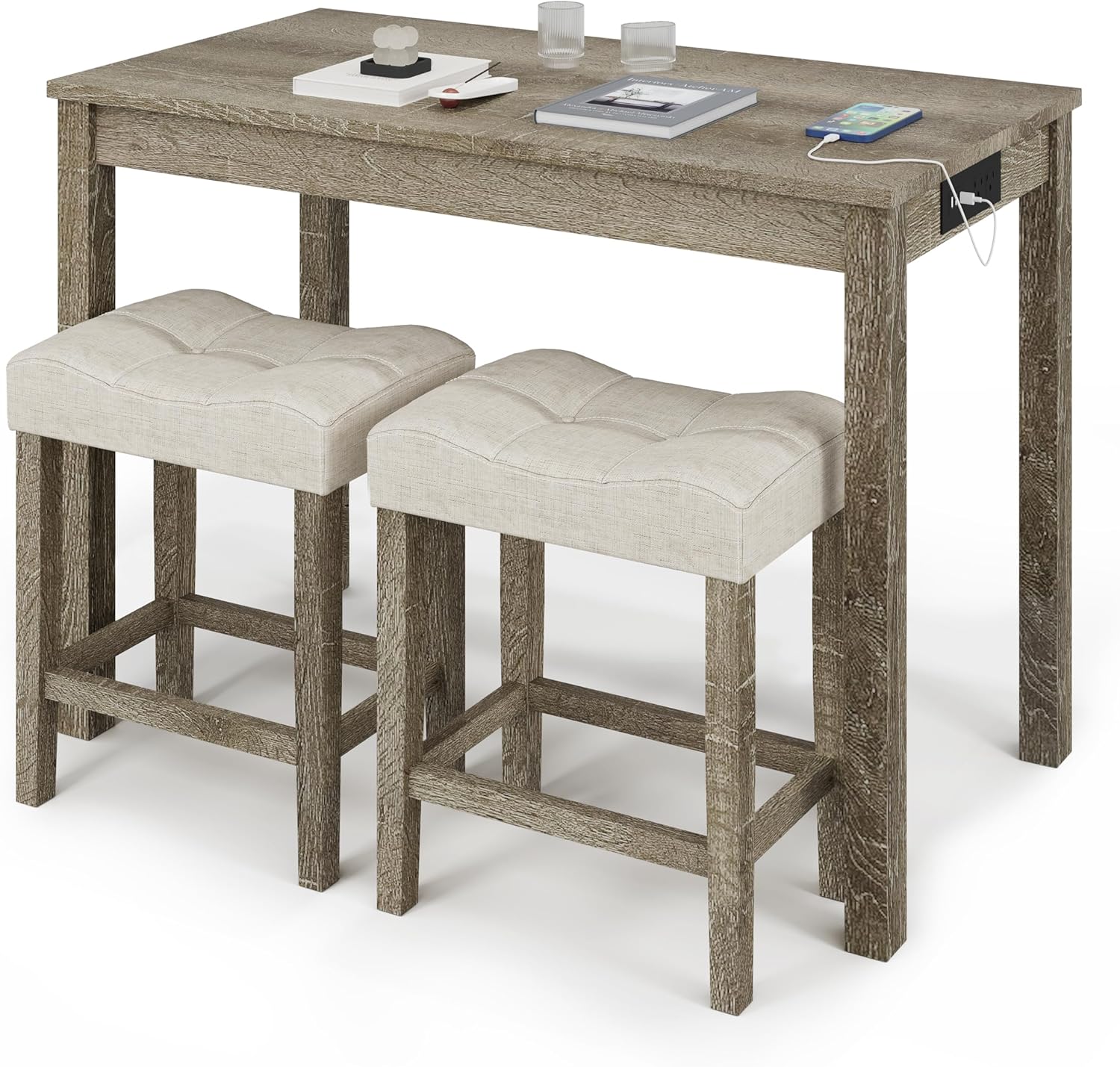 Allamazing 3-Piece Counter Height Bar Table Set front view showcasing natural wood finish