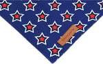 Realeaf triangle pet bandana flat view displaying the authentic brown leather logo tag.