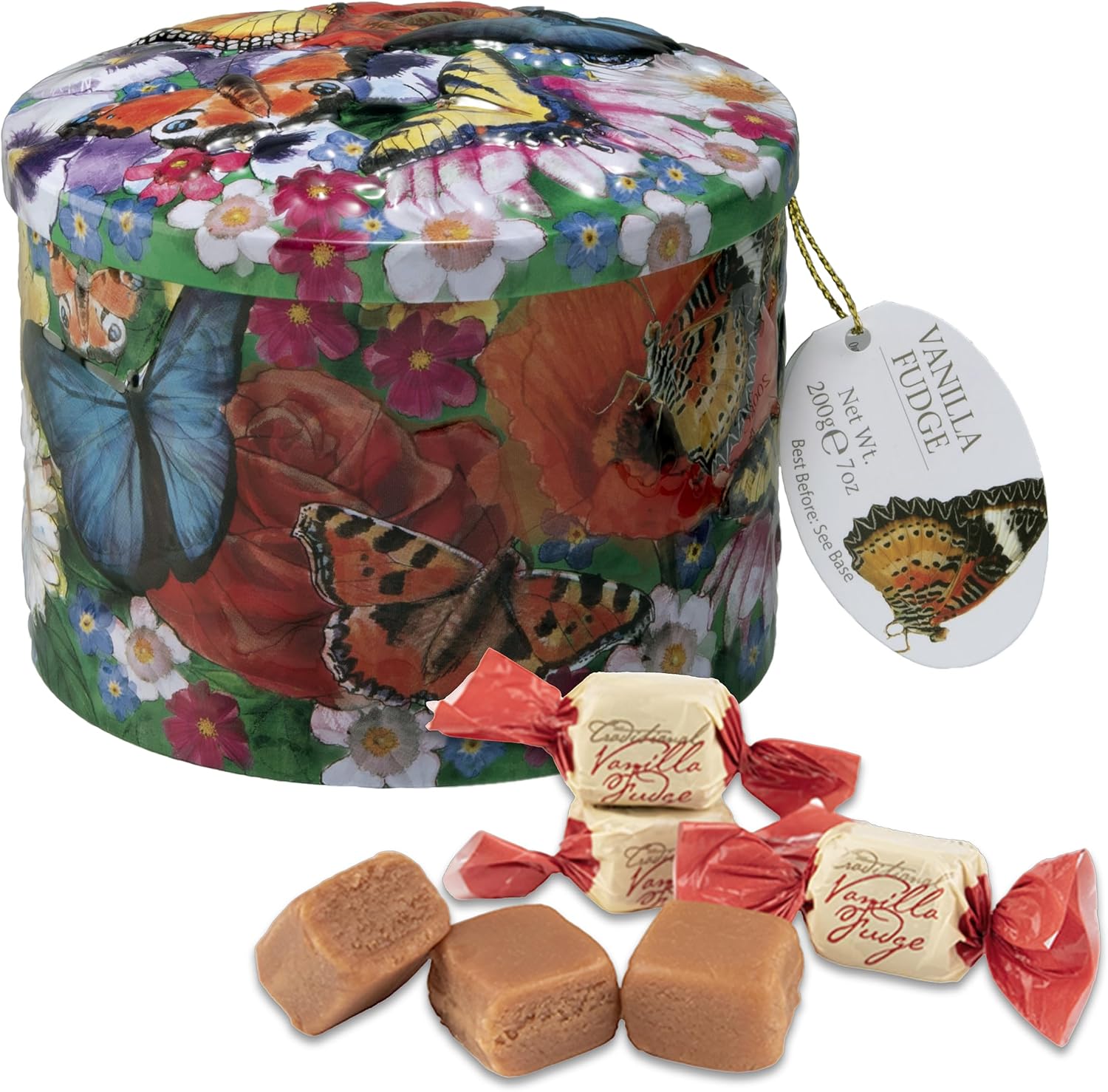 Gardiners of Scotland Handmade Butterfly Vanilla Fudge front view of decorative round metal tin.