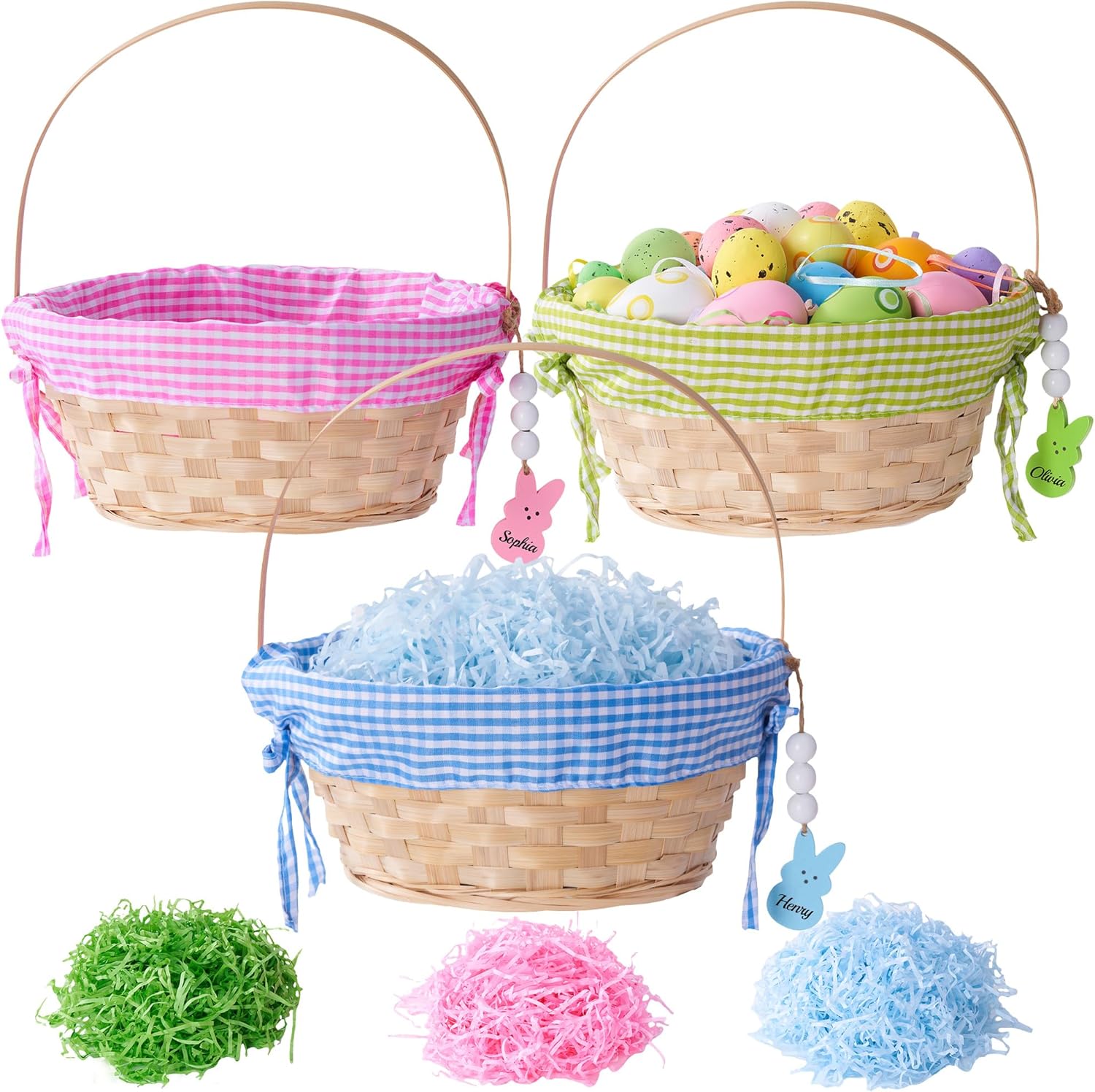 MELLBAY personalized wicker bamboo Easter baskets front view showing three colorful woven gift buckets.