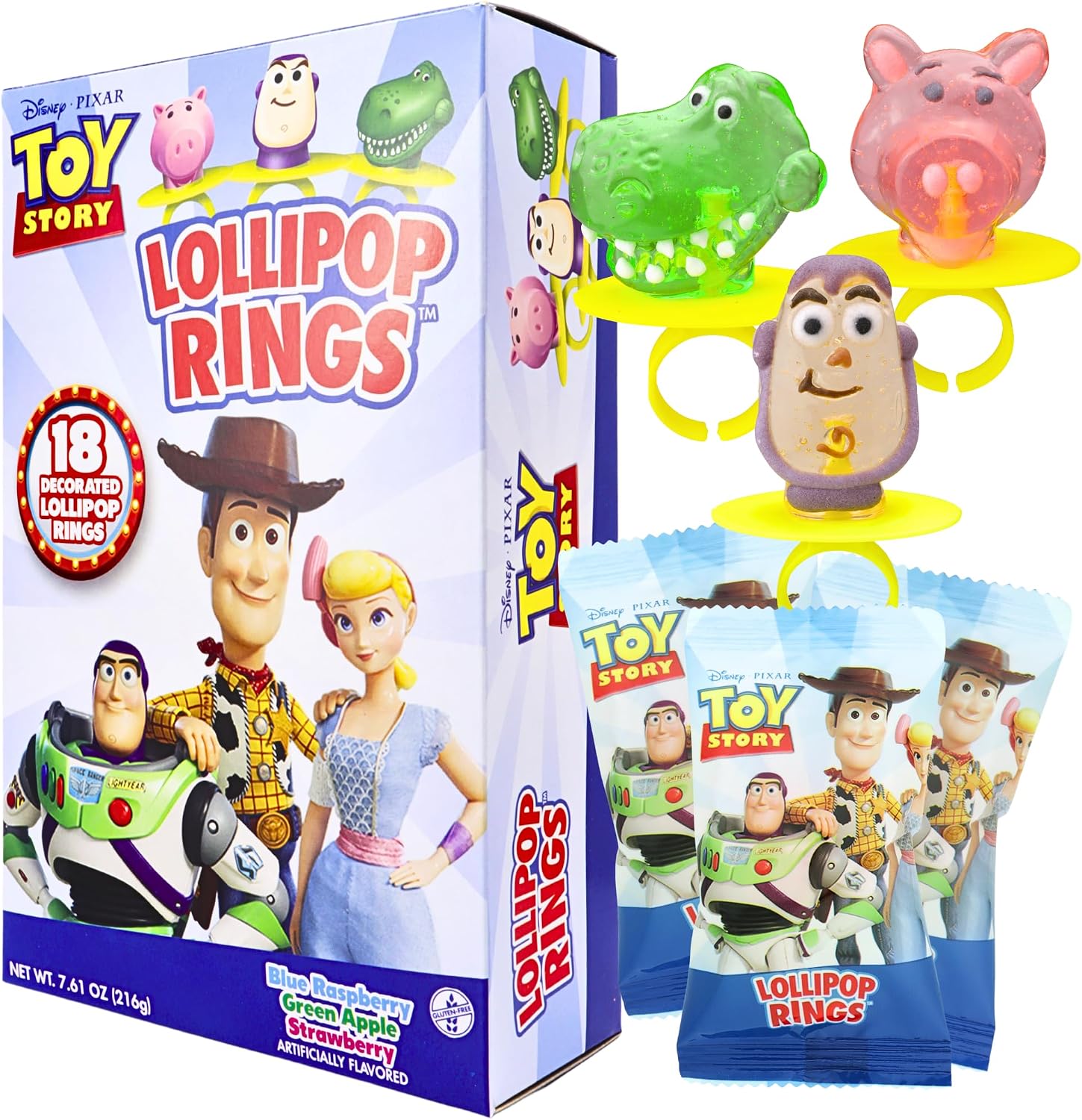 Imaginings 3 Toy Story Lollipop Rings front view of the 18 count retail box displaying Buzz Lightyear and Rex packaging.