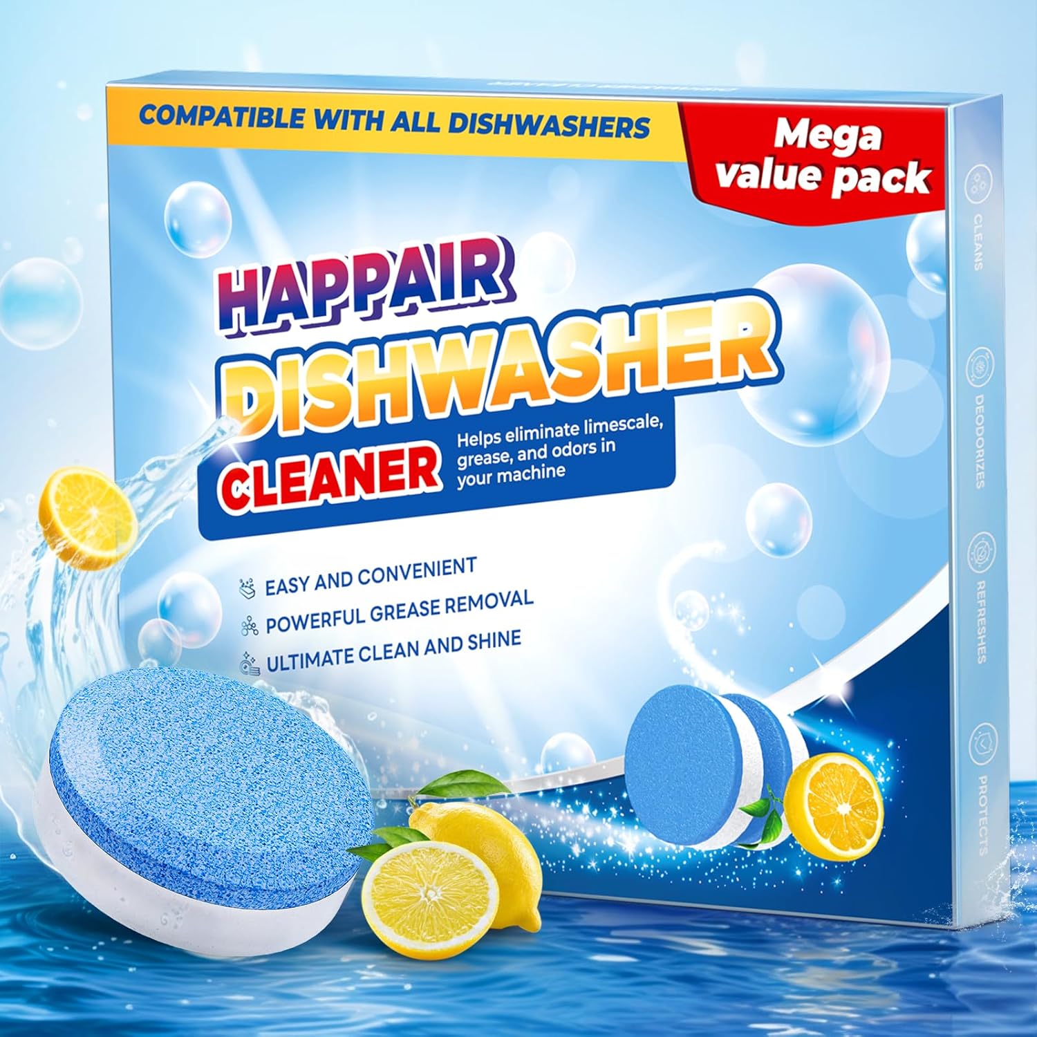 Happair dishwasher cleaner tablets 24 pack front view packaging