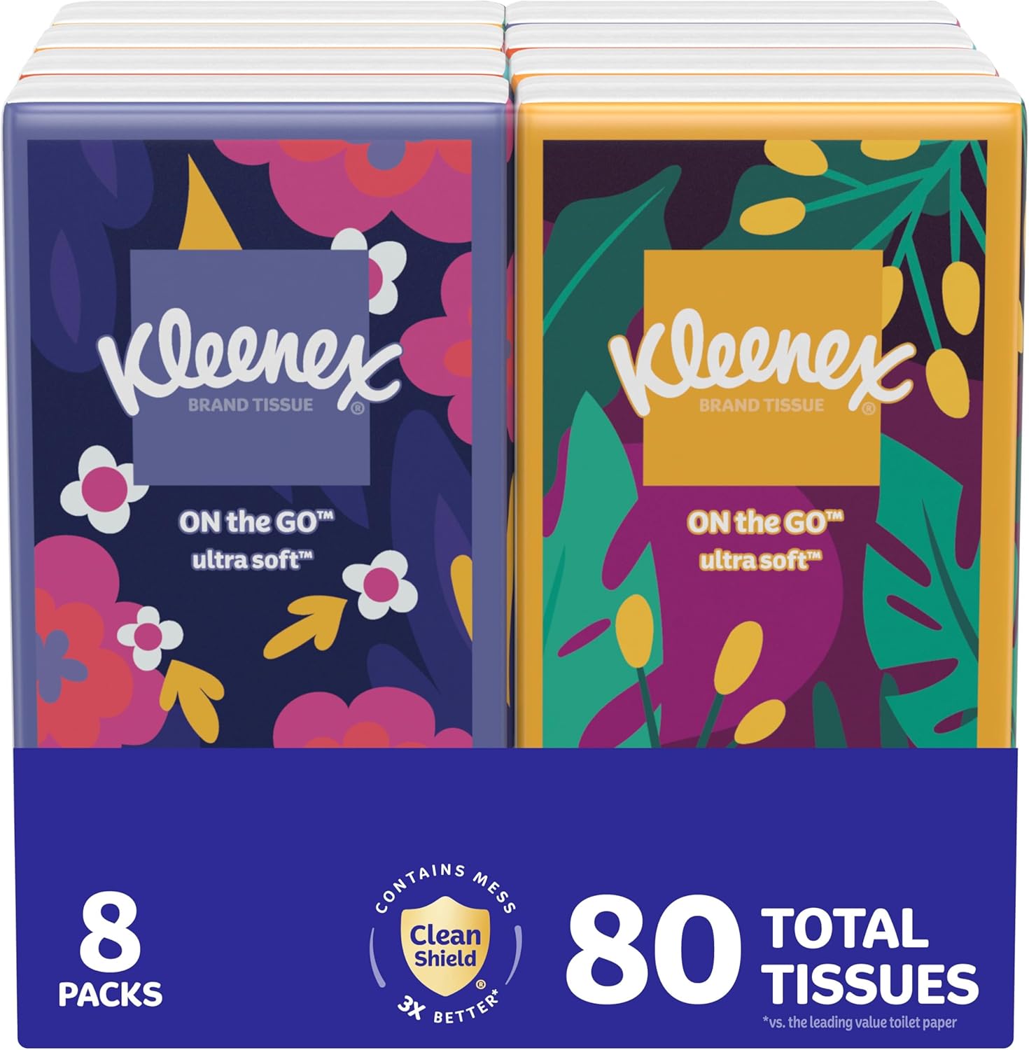 Kleenex On-The-Go Facial Tissues 8 pack front view showing travel size packaging