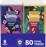 Kleenex On-The-Go Facial Tissues 8 pack front view showing travel size packaging