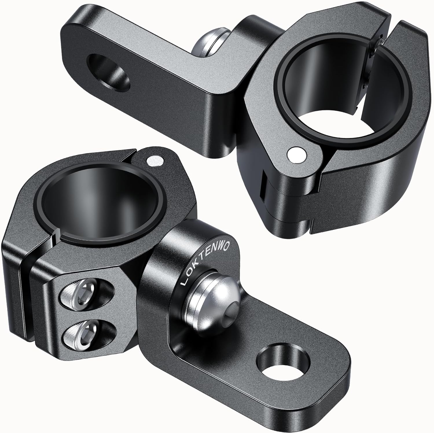 LOKTENWO adjustable ATV whip light mount two piece set showing premium black CNC machined aluminum brackets