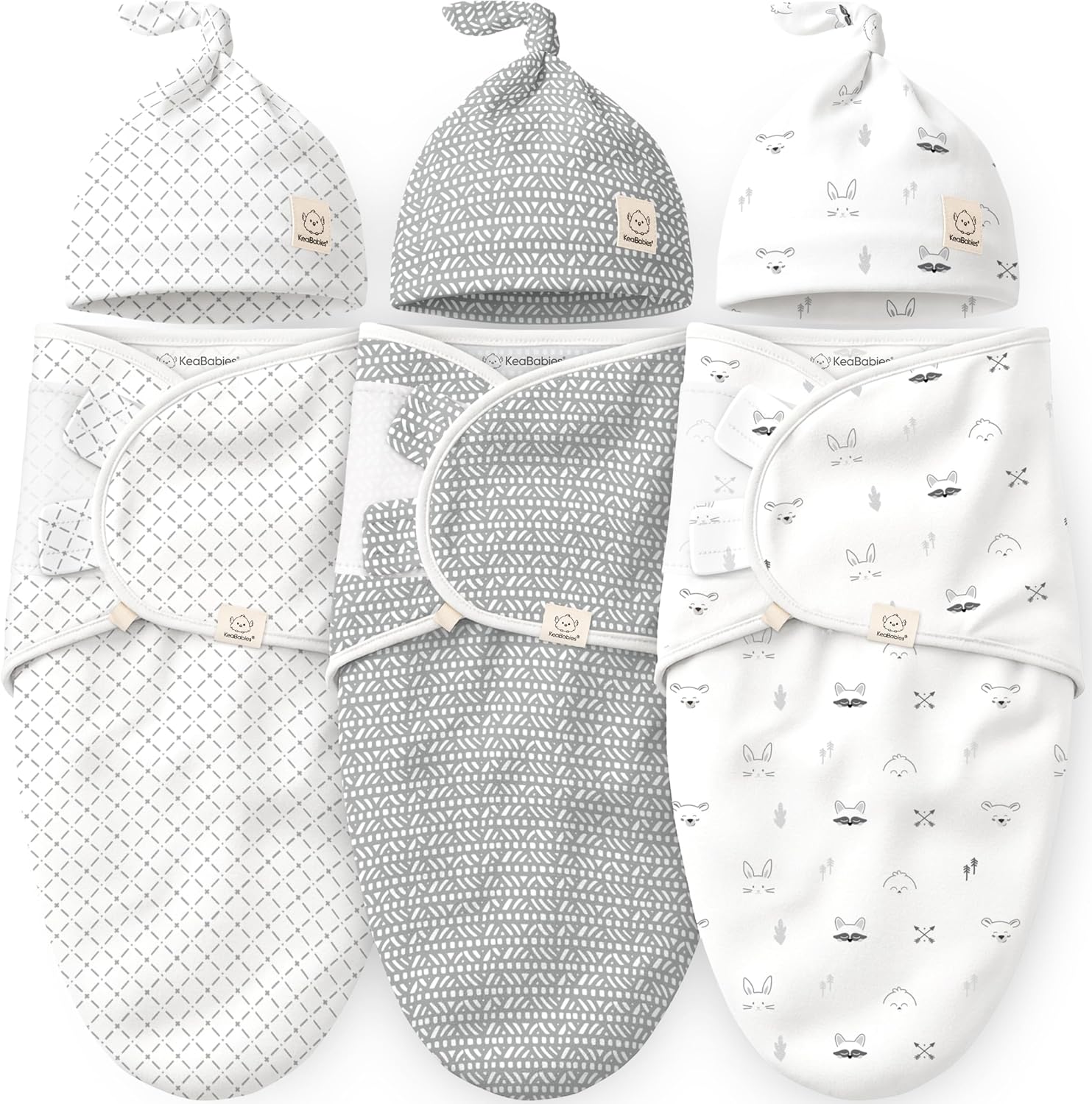 KeaBabies 3-Pack organic swaddles with matching hats front view