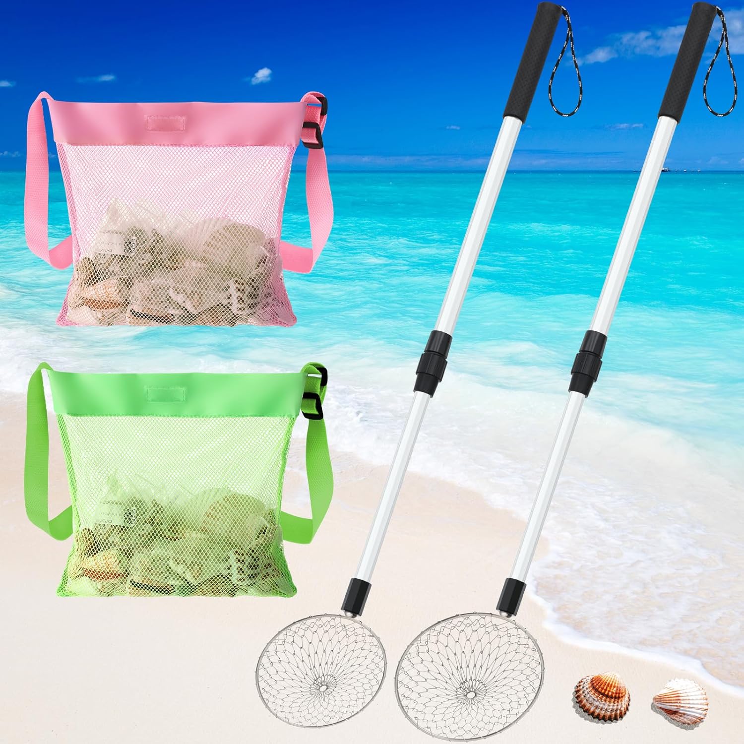 Roshtia beach sand sifter scoop front view showing two gray mesh diggers with adjustable handles.