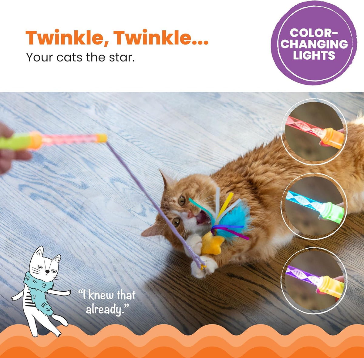 Catstages interactive cat wand showing LED color-changing lights