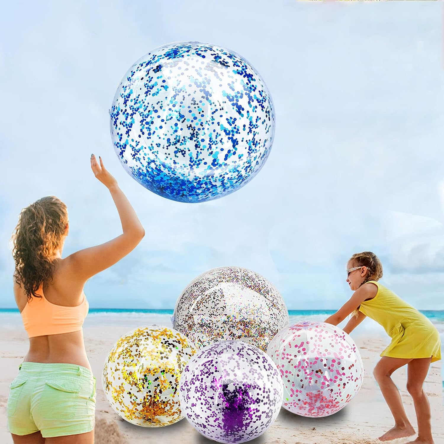 TURNMEON inflatable confetti glitter beach balls five piece set floating in a clear blue swimming pool