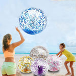 TURNMEON inflatable confetti glitter beach balls five piece set floating in a clear blue swimming pool