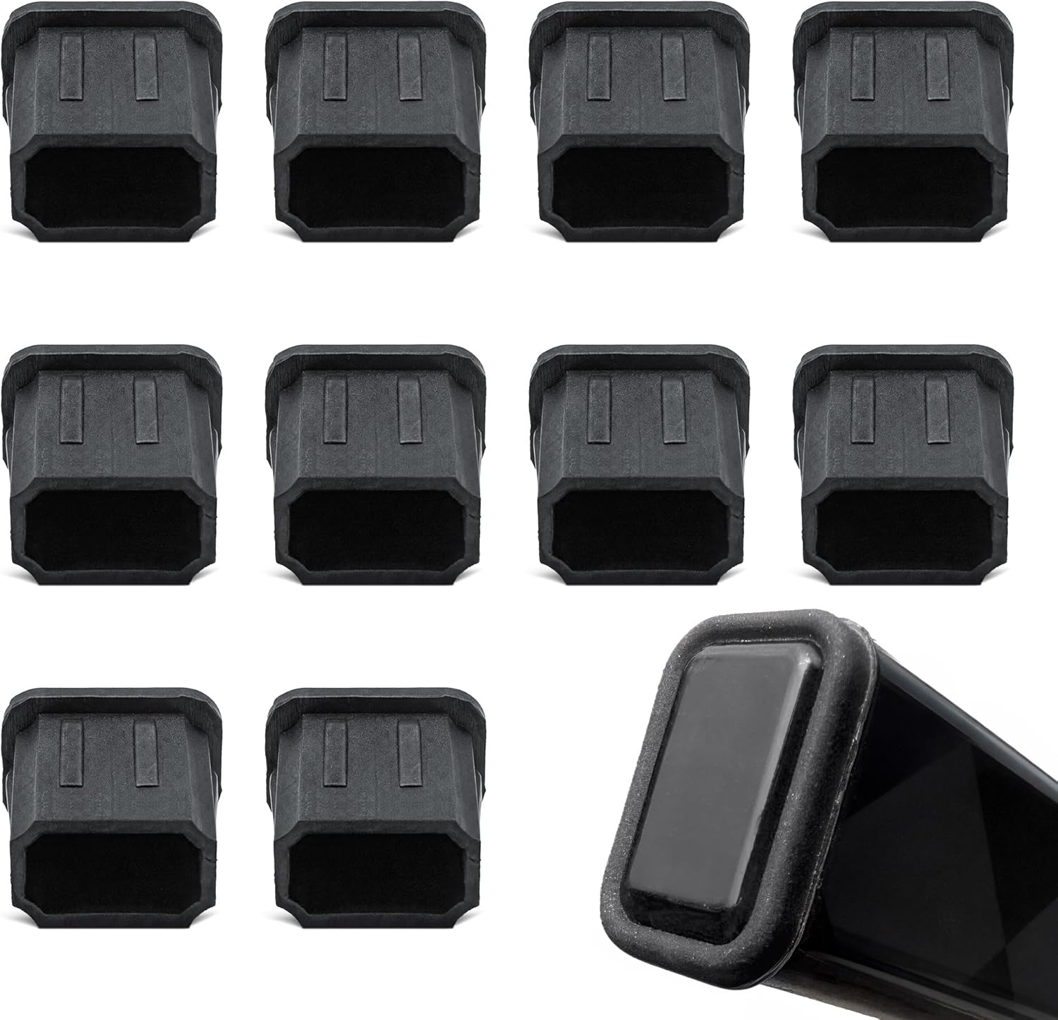 UICE hockey stick end plugs ten pieces pack front view showing durable black polypropylene design.