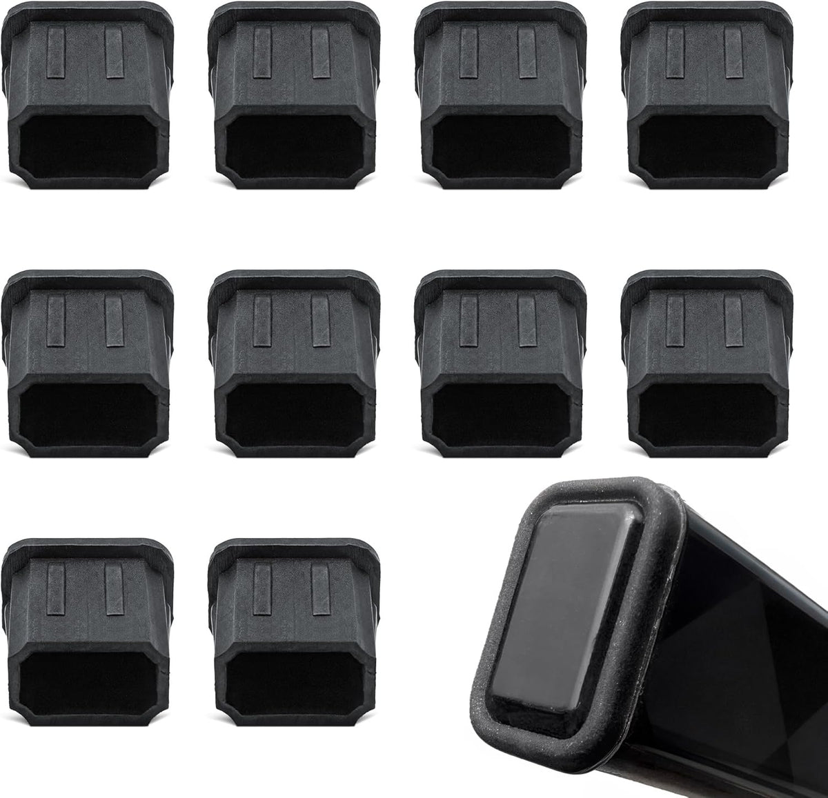 UICE hockey stick end plugs ten pieces pack front view showing durable black polypropylene design.