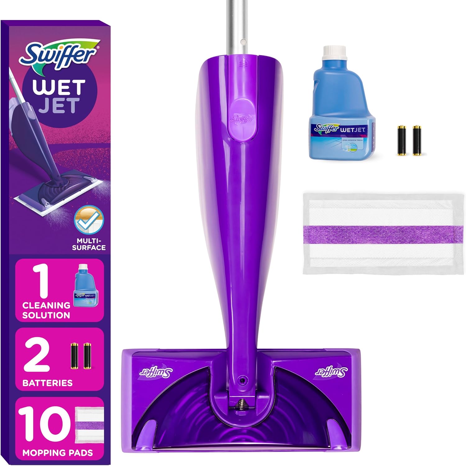 Swiffer WetJet floor spray mop starter kit front view packaging lifestyle clean home floors