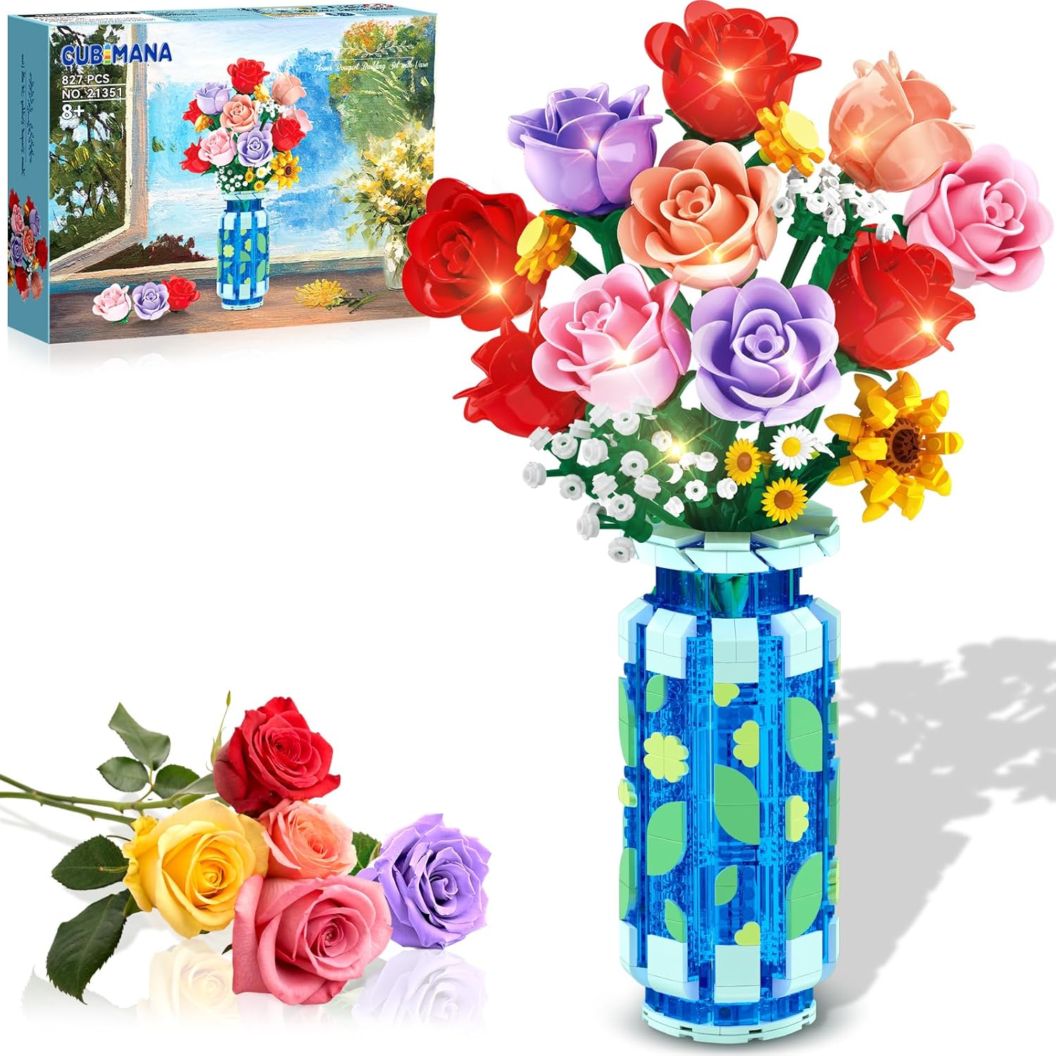 Cubimana roses flowers building set with vase front view