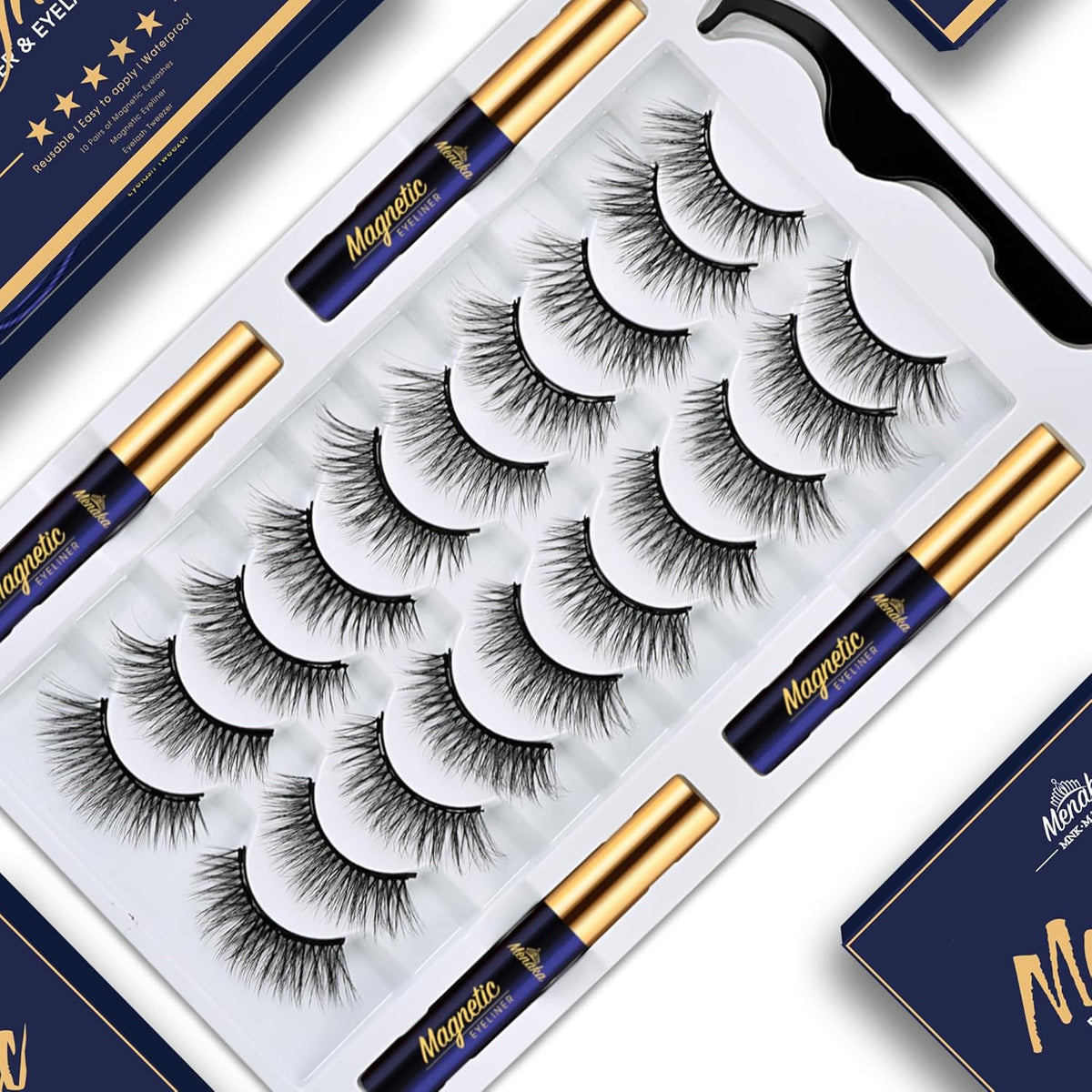 Menaka magnetic eyelashes kit packaging front view featuring navy blue and gold design