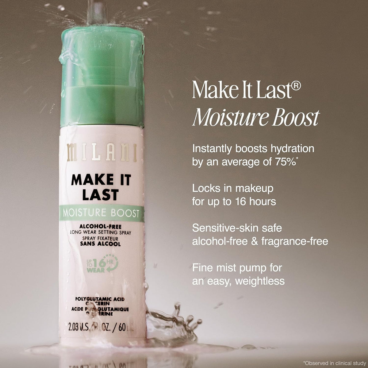 Back view of Milani Moisture Boost spray with ingredient list