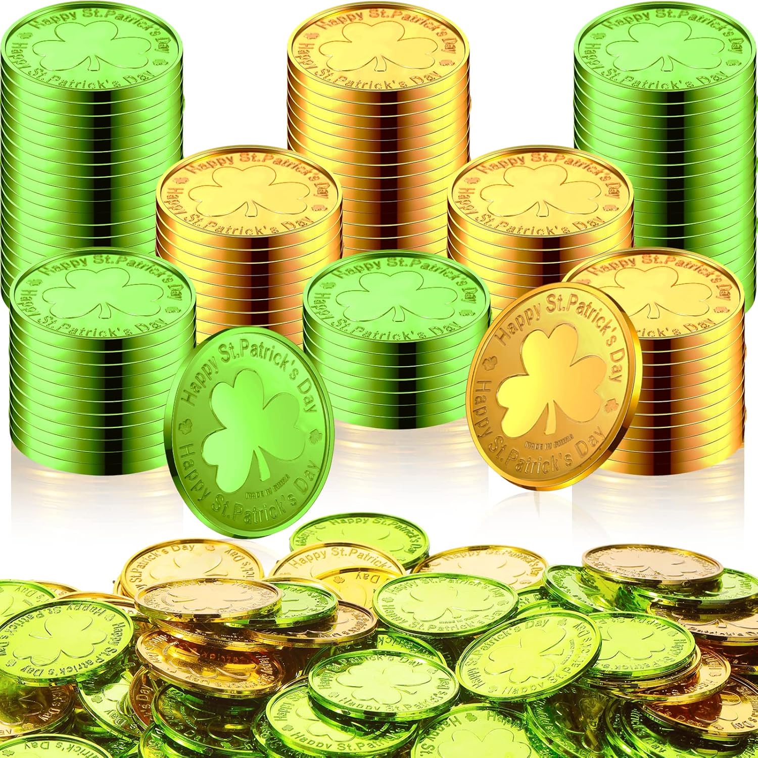 Civaner Saint Patrick's Day Shamrock Coins front view showcasing gold and green plastic tokens.