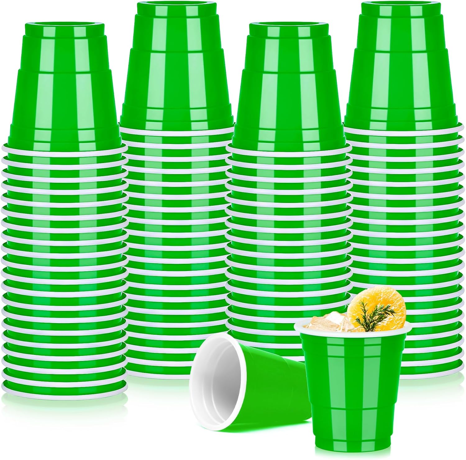 YBSAHLYY 100 Pack Green Disposable Shot Glasses front view for party supplies.
