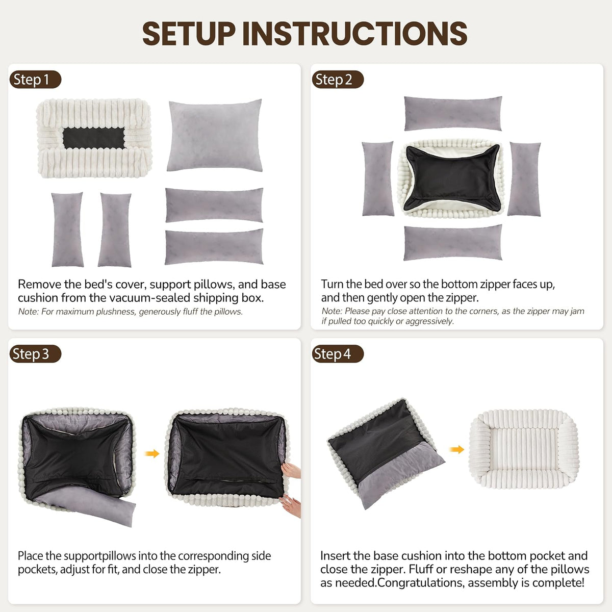 Internal structure of shredded foam and fiber filling for pet bed