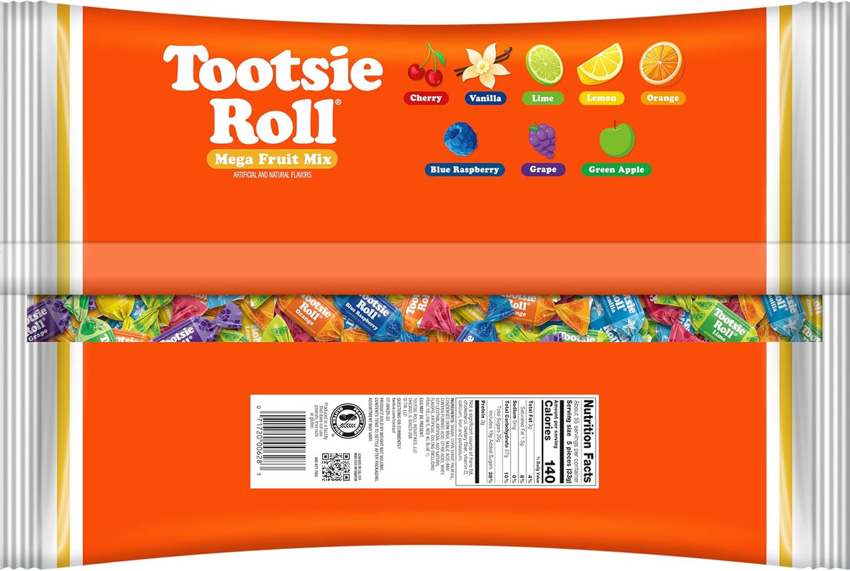 Tootsie Roll Fruit Chews individually wrapped candies spilled out of bulk bag