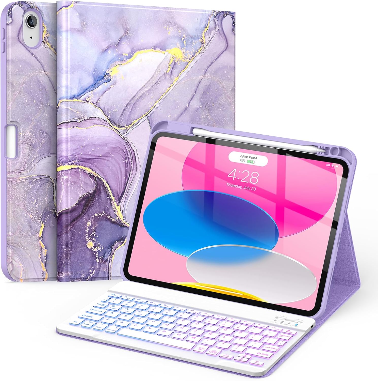 Soke iPad 10th generation keyboard case violet marble front view showing backlit keys