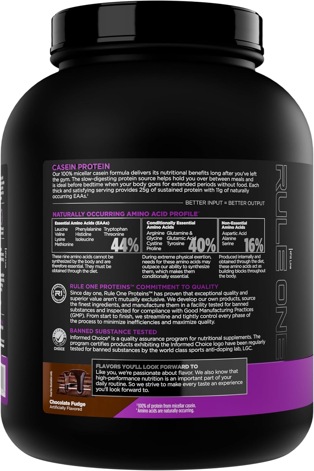 Rule 1 chocolate fudge casein protein powder scoop serving size view