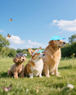 Lifestyle shot of puppy wearing camouflage hat