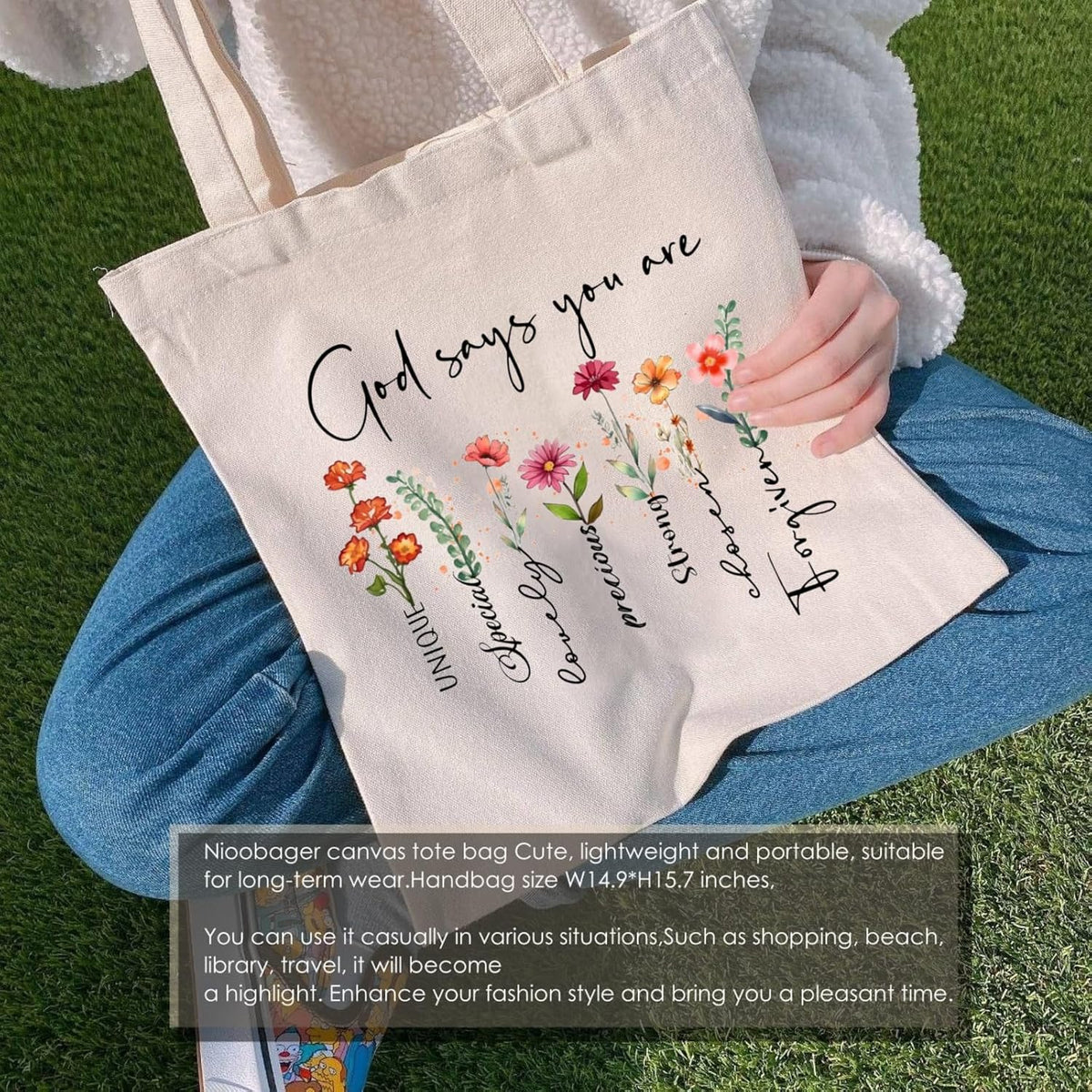 Nioobager canvas Christian tote bag inner zipper pocket feature