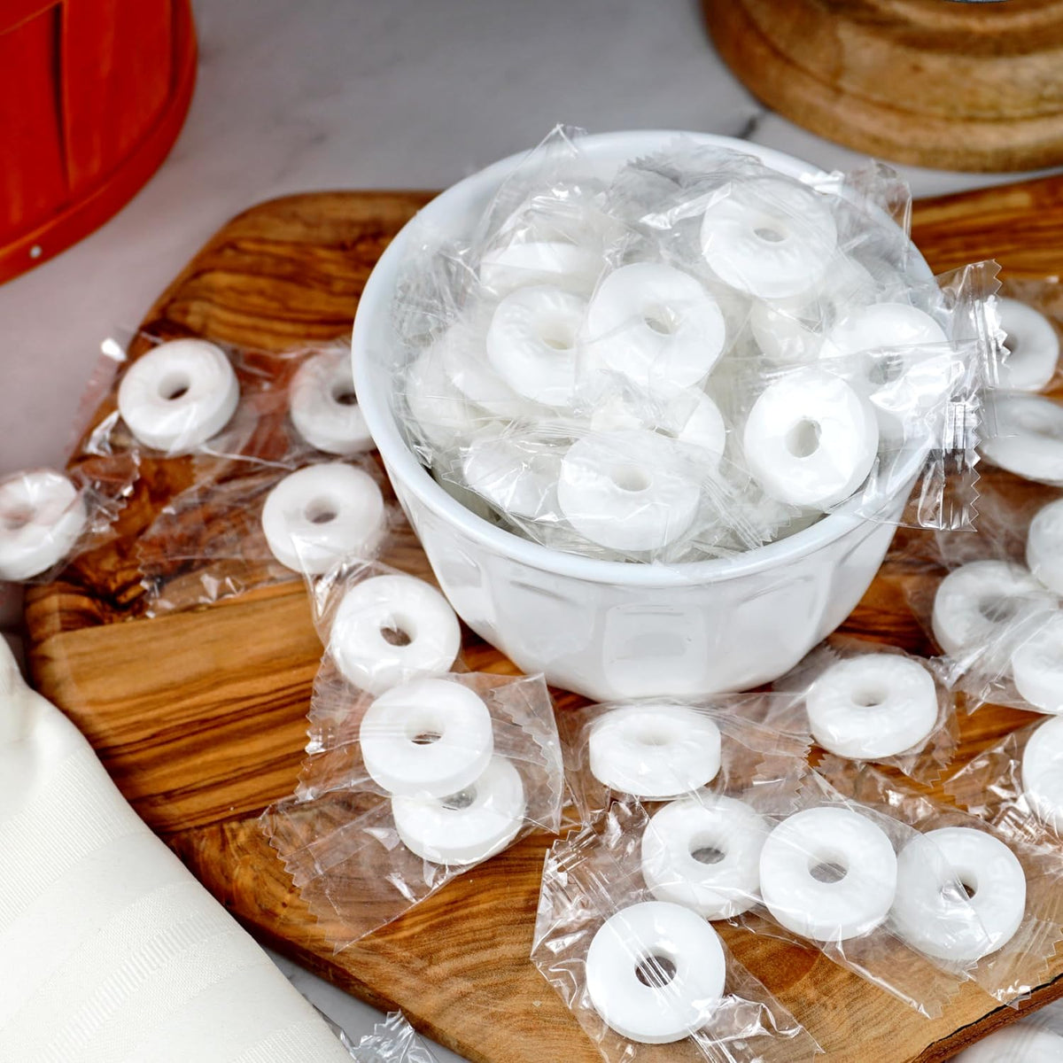 Close-up of iconic ring-shaped Life Savers Pep O Mint sugar-free hard candy