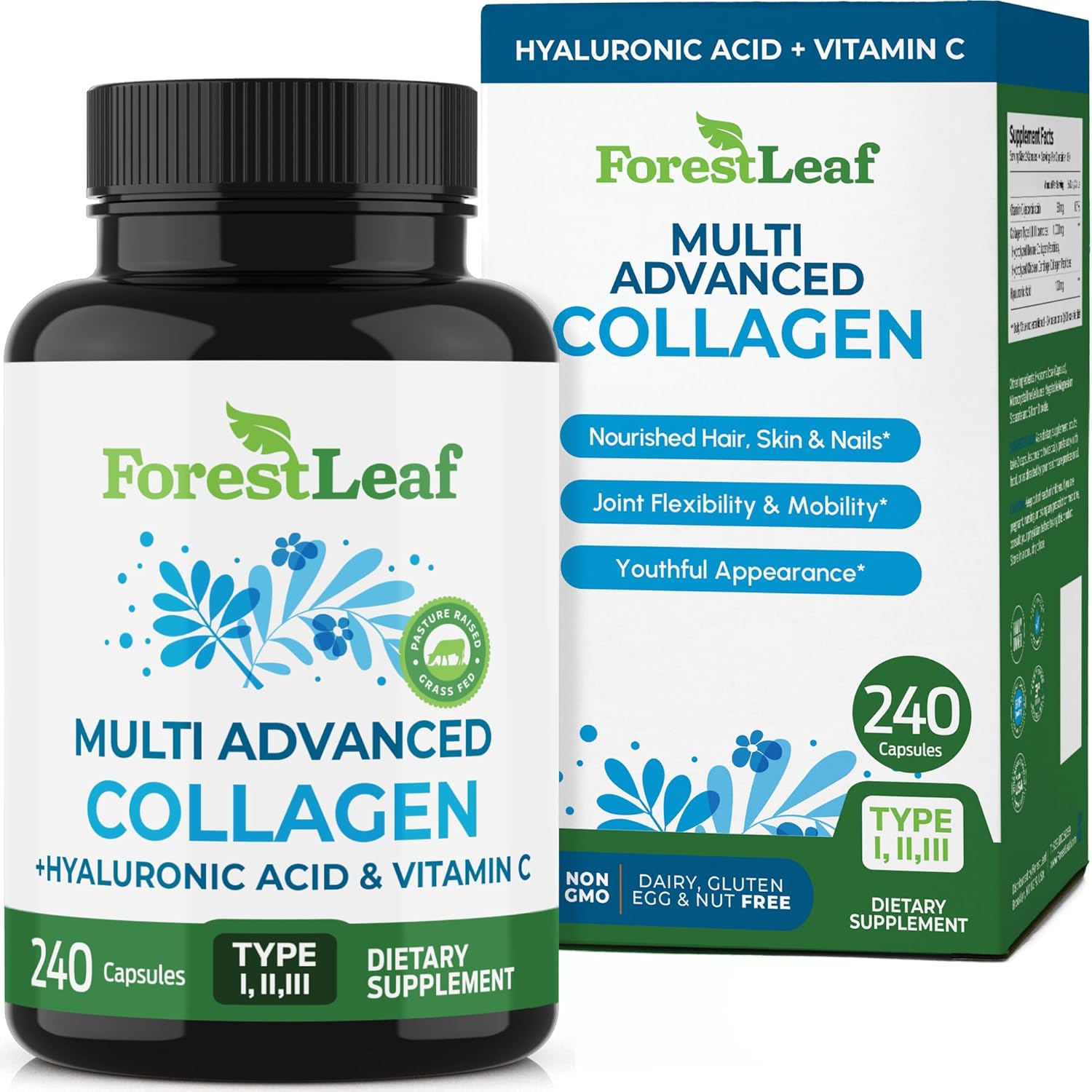 ForestLeaf Multi Collagen Pills - Collagen Men & Collagen Women - Hydrolyzed Collagen Supplements with Vitamin C & Hyaluronic Acid - Collagen Capsules for Hair, Skin & Nails (240 Peptide Capsules) - Image 1