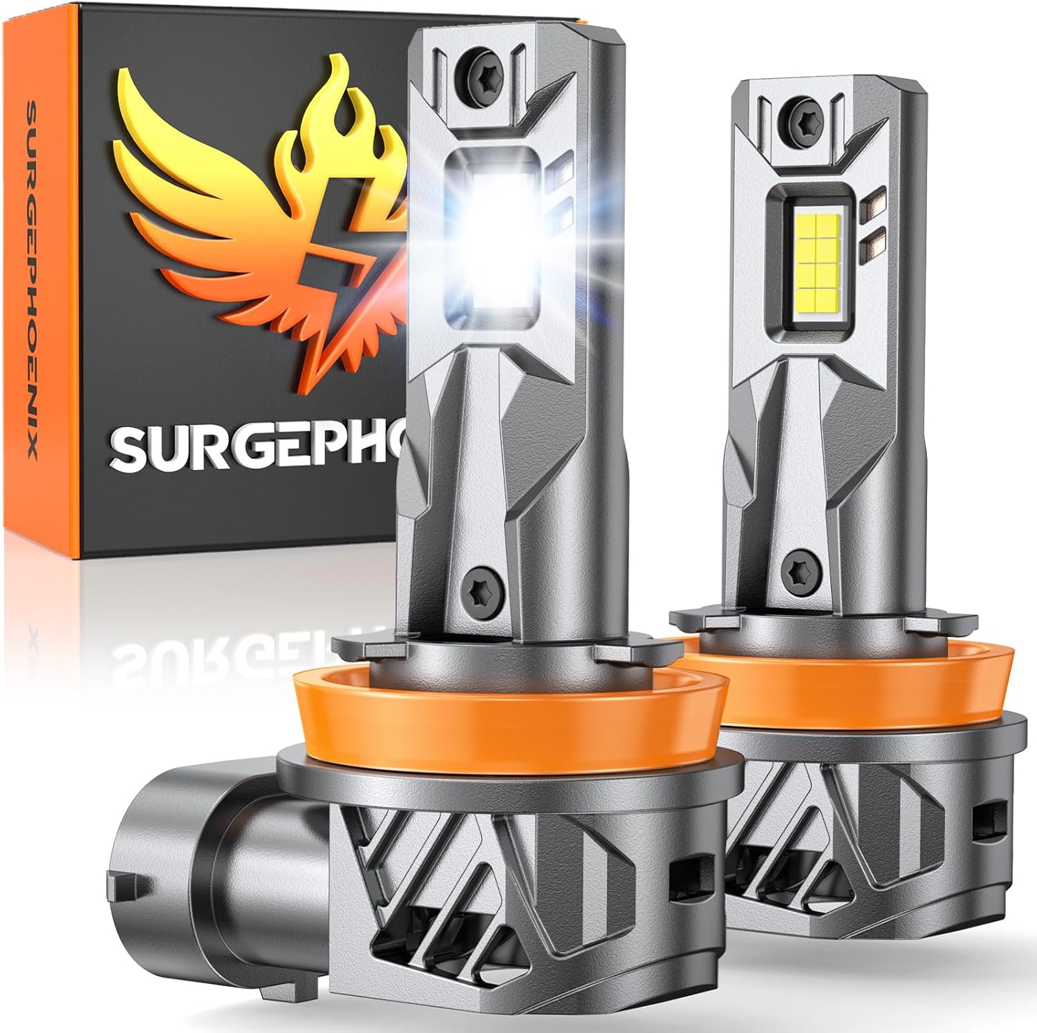 Surgephoenix H11 LED fog light bulbs pack of two front view showing compact design
