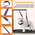 Purple dog grooming loop kit showing adjustable straps and D-ring extension links.