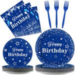 Tevxj 96 piece navy blue and silver birthday party tableware set