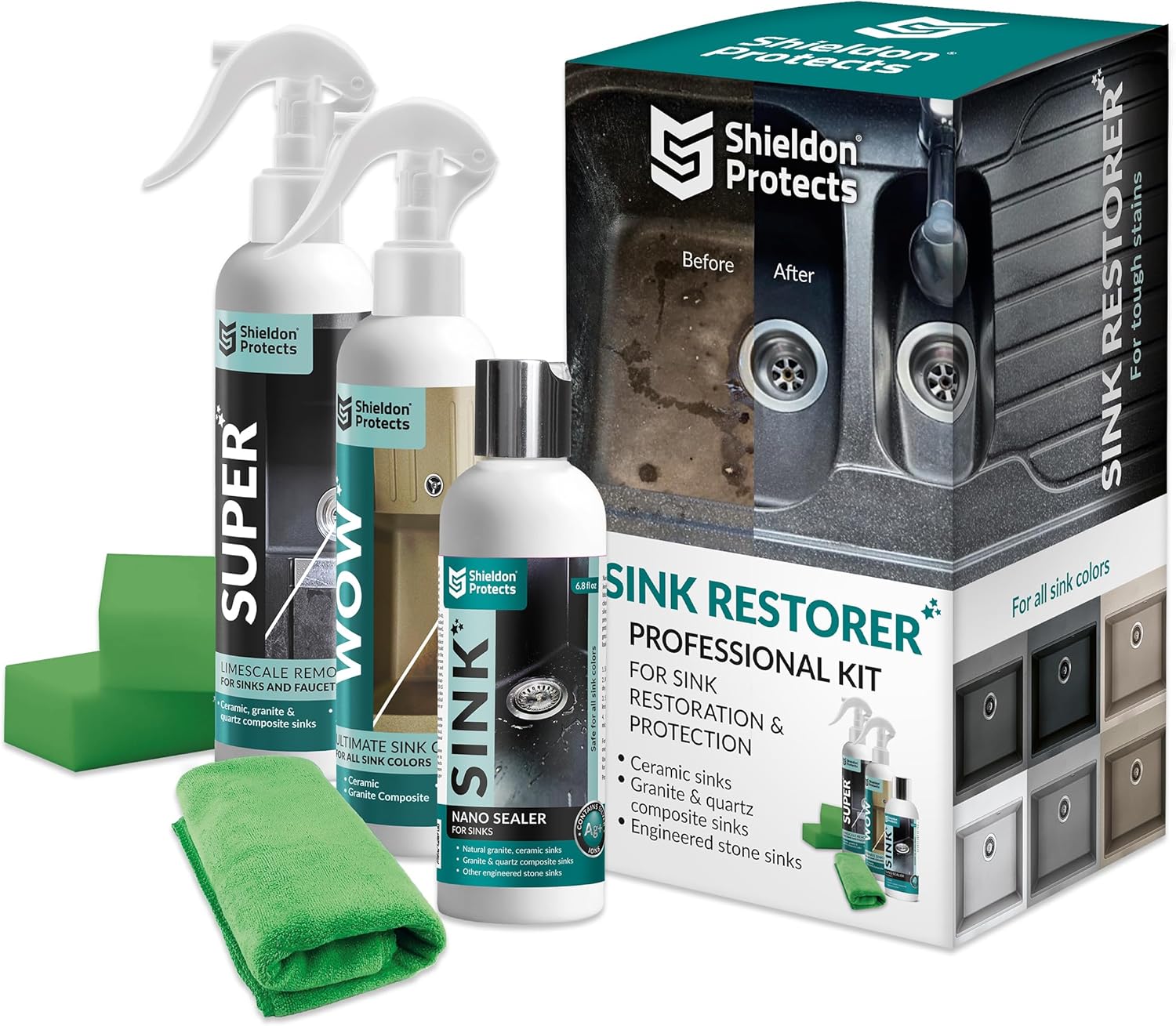 Shieldon Protects Sink Restorer Kit – 3-Step System: Heavy Duty Kitchen Sink Cleaner, Hard Water Stain Remover & Nano Sealer Protector for Granite Composite, Quartz, Porcelain & Ceramic Kitchen Sinks - Image 1