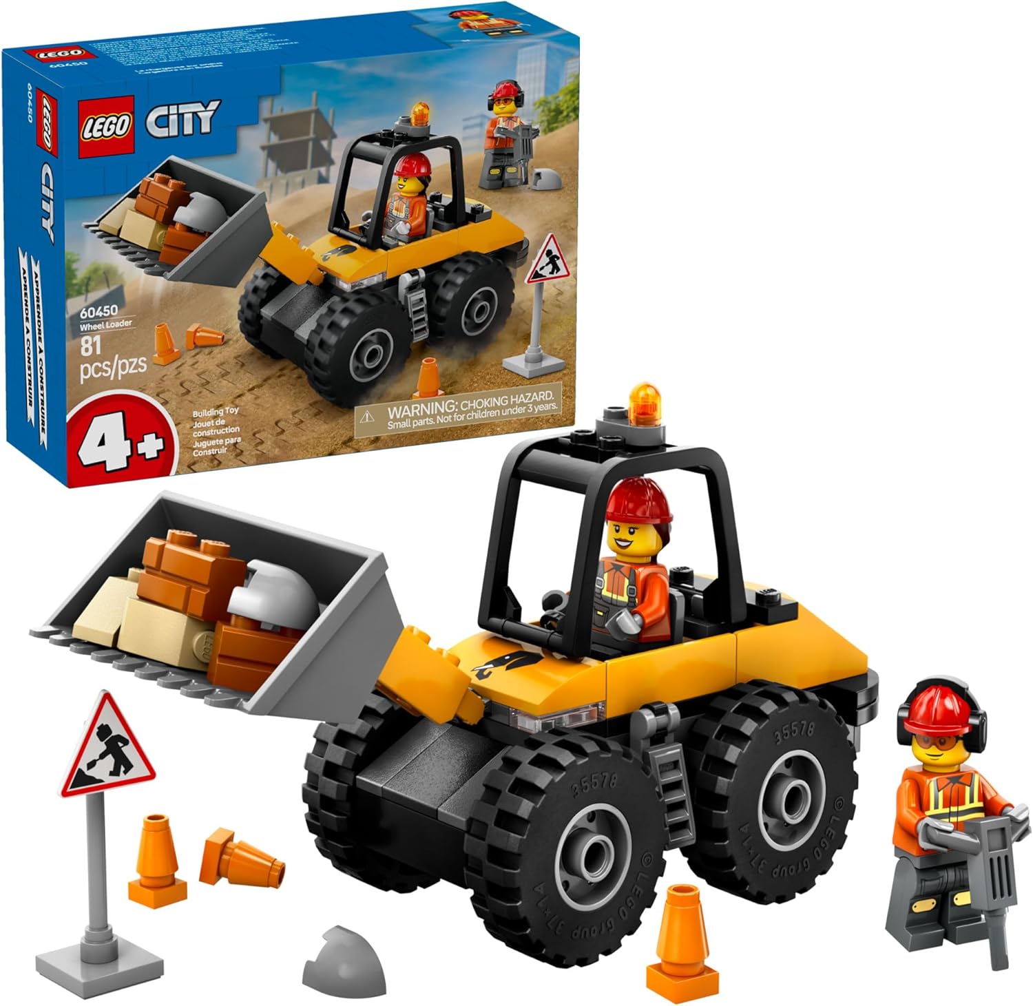 Lego City Yellow Construction Wheel Loader set front view for kids