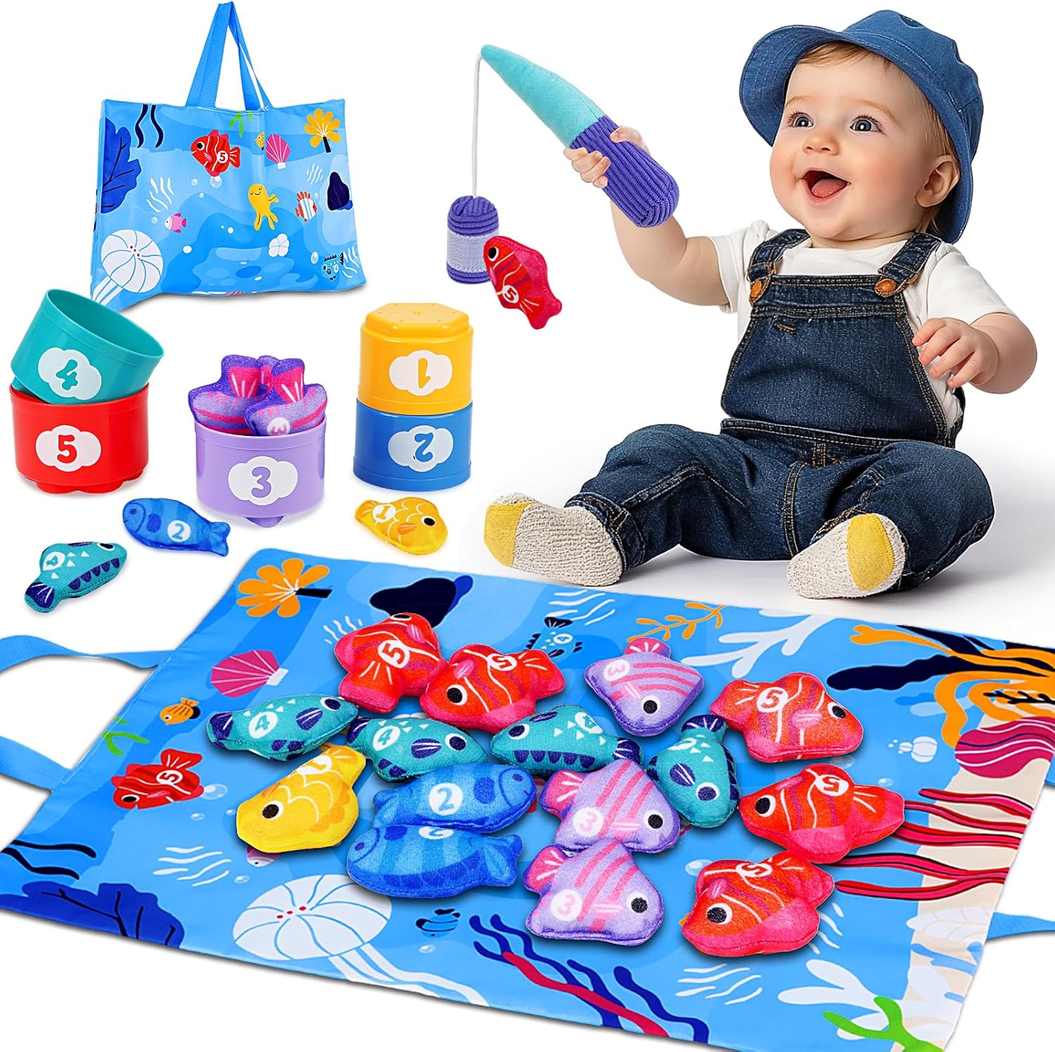 Arovan Montessori cloth fishing game set with stacking cups