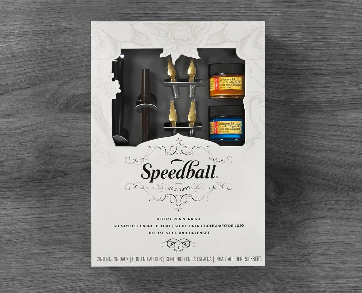 Speedball Deluxe Pen and Ink Kit components including nibs and inks