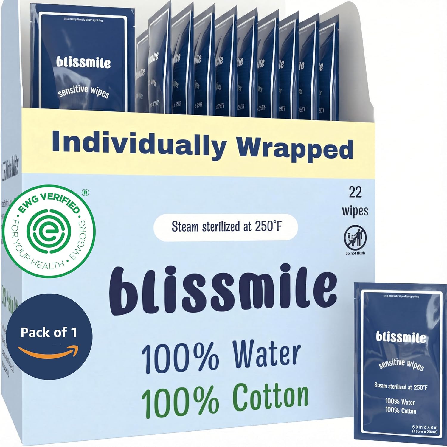 Blissmile 100 percent water and cotton travel wet wipes front view