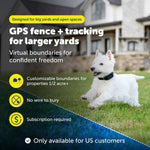PetSafe virtual boundary tracking collar worn by a dog in a spacious outdoor yard.