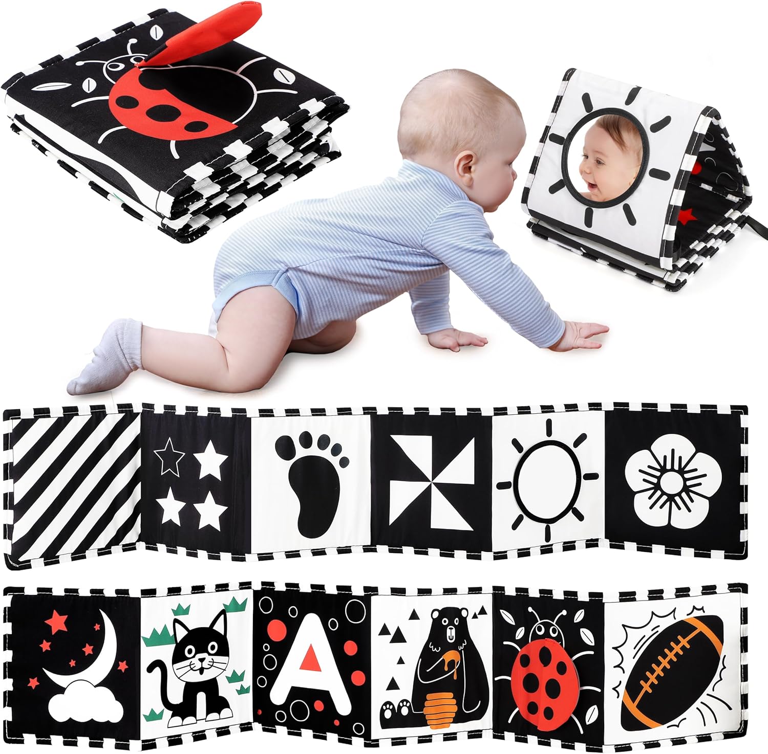 URMYWO high contrast black and white baby book toy front view displaying geometric patterns for newborn visual development.