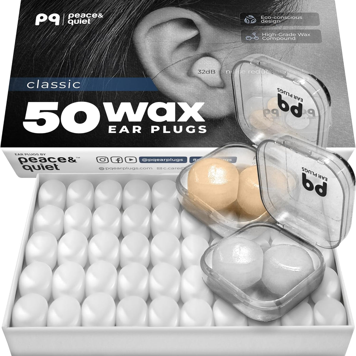 Peace And Quiet PQ Wax Ear Plugs front view package showing 50 white silicone gel wax pillows