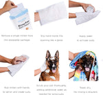 User demonstrating Scrubby Pet rinse free bath mittens on a dog