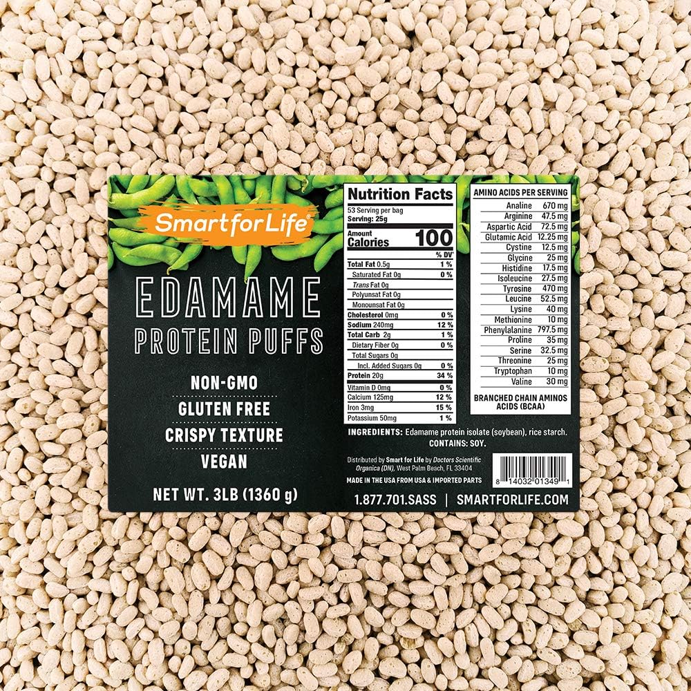 Smart For Life Edamame Soy Protein Puffs 3 pound box front view high protein snack