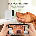 Petcube Cam pet monitor camera displaying the wide angle lens and magnetic base