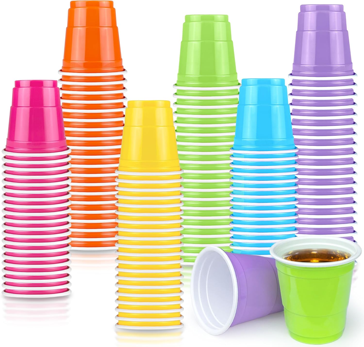 Roshtia 120 Count Macaron Plastic Shot Cups front view for party planning.