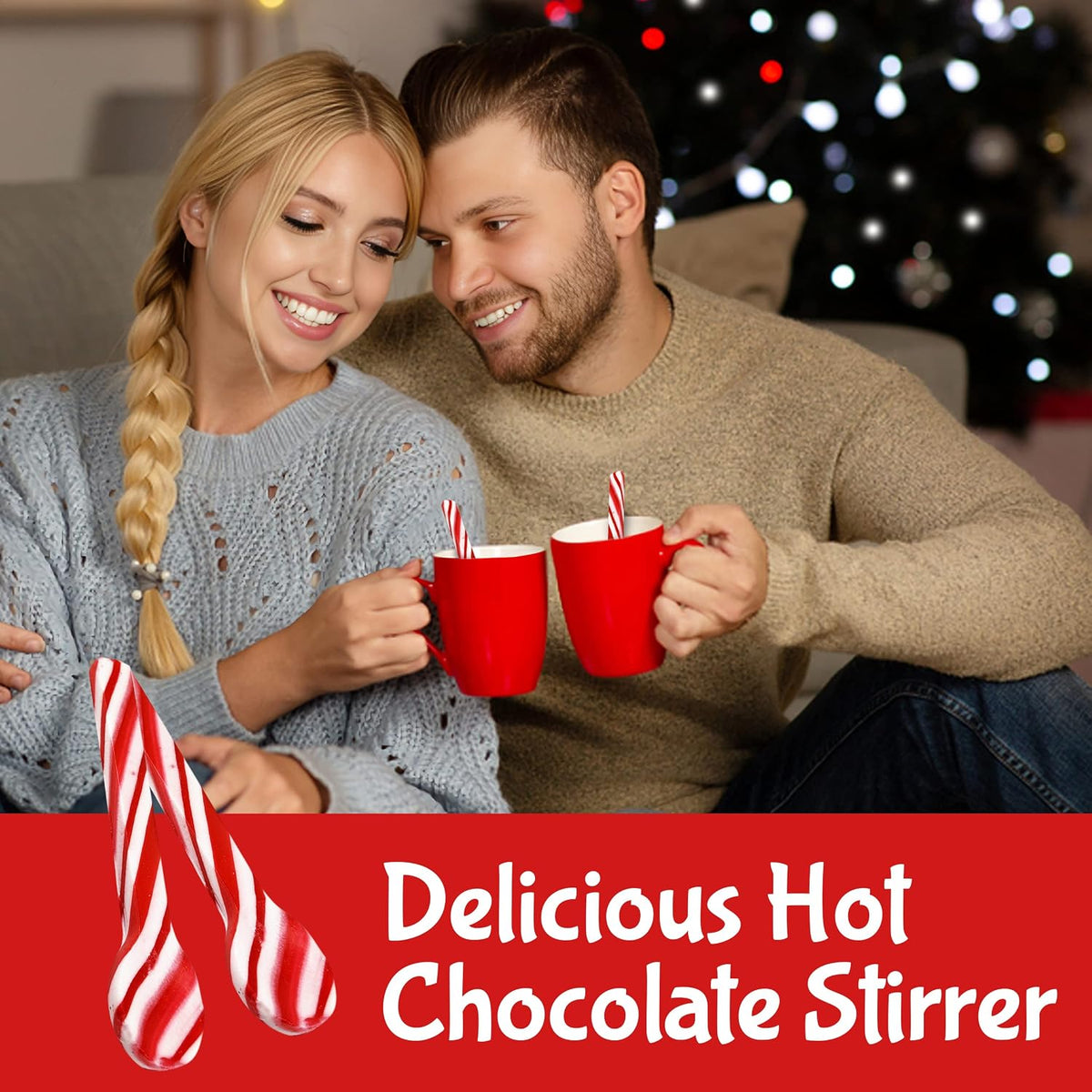 Festive hot cocoa bar setup with edible peppermint spoons